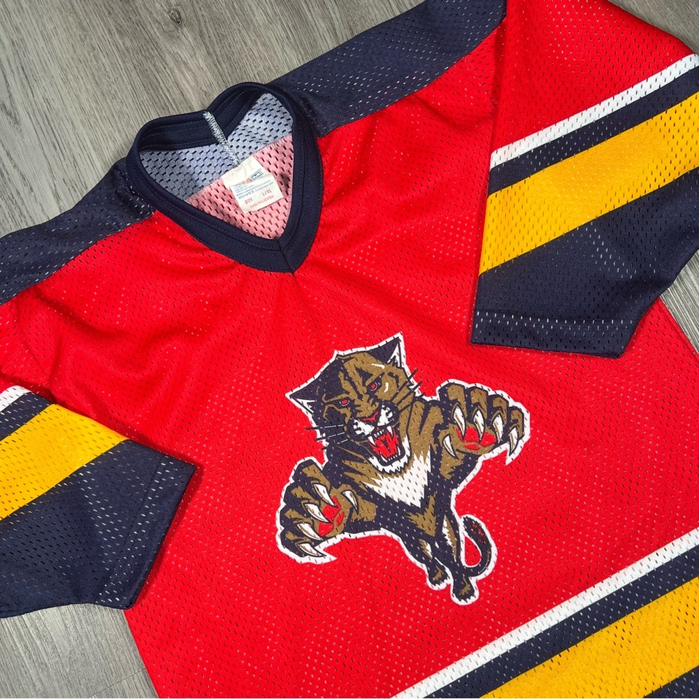 Vintage Florida Panthers Hockey Jersey Youth L/XL Red Navy CCM NHL 90s Mesh‎ USA